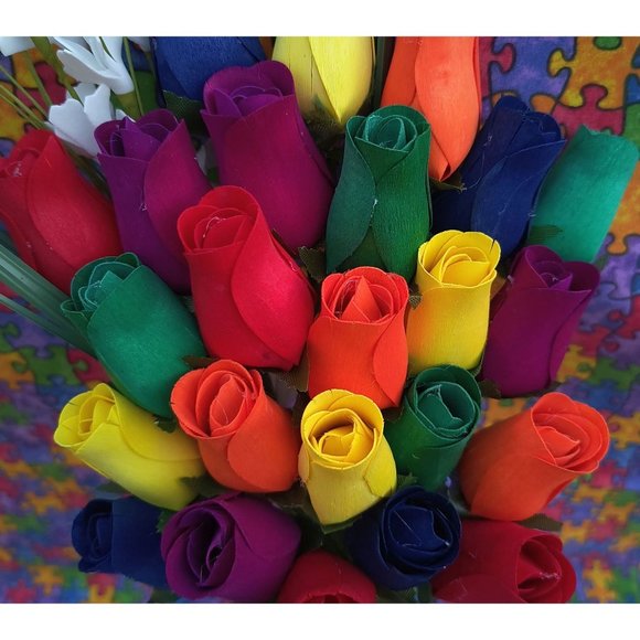 2 Doz Autism Aware Rainbow Wooden Roses Flower Bouquet. The Original Wooden Rose - Picture 4 of 8